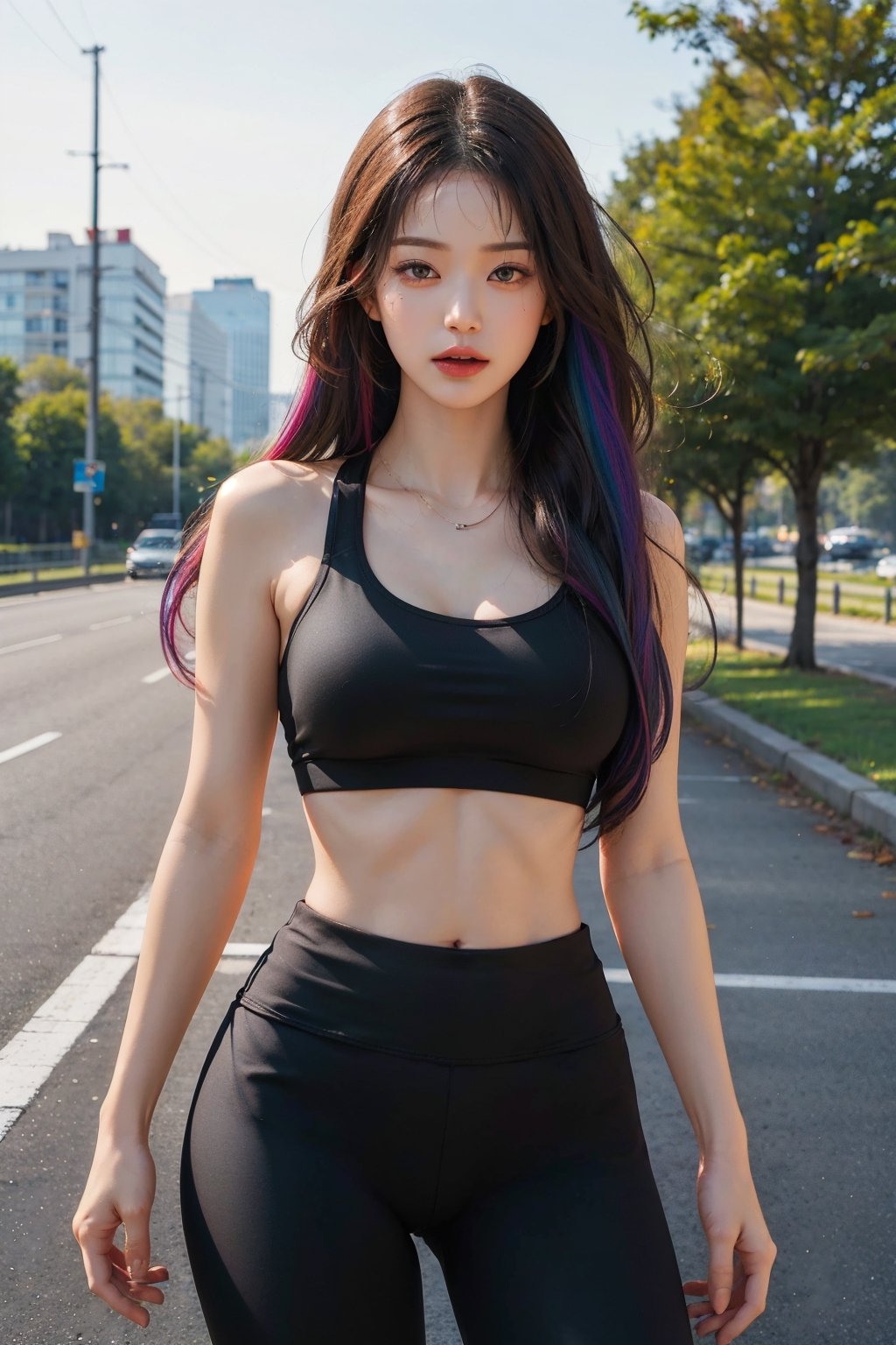 masterpiece, best quality, (photorealistic:1.4), highway, a photo of a beautiful woman, ((rainbow hair)), long hair with bangs,((black sports bra)), ((black yoga pants)), ,jwy1,waist shot,((slender body)), ((large_breast))