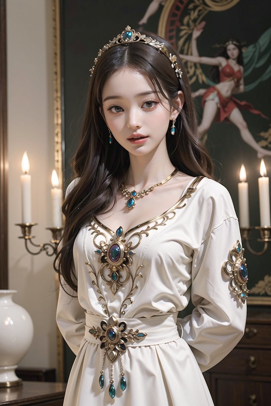 ((in the style of ancient Greek art)), intense colors, like goddesses, intimate, serene, harmonious, sumptuous jewels, flowing clothing, elaborate headdresses, jewelry accents, ornate palaces, soft candles, ornate furniture, historical accuracy, jwy1, perfect ,((hands behind back))