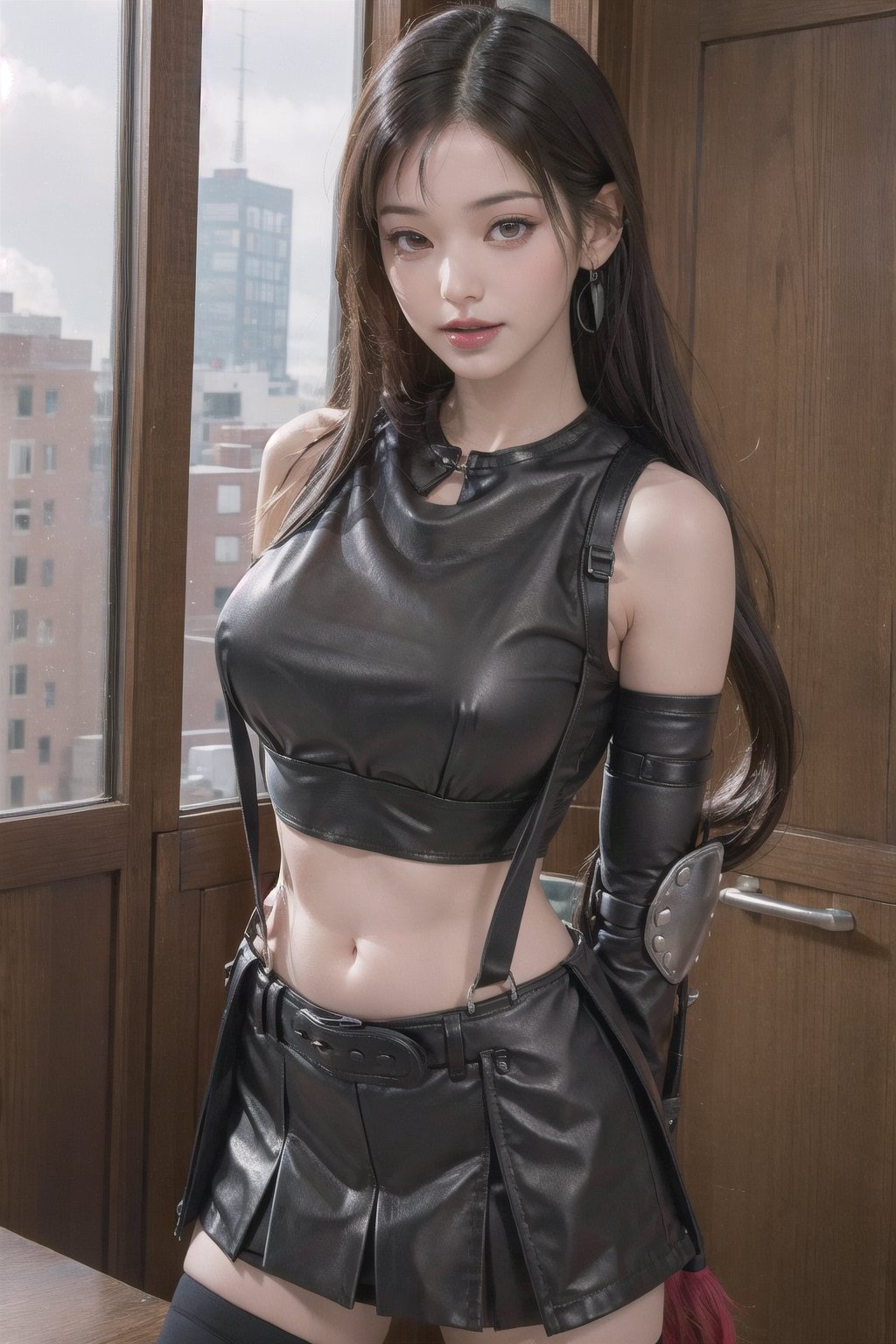 masterpiece, best quality, 7rtifa,arm guards, fingerless gloves, suspenders, pleated miniskirt, black thighhighs, upper body, standing, looking at viewer ,defTifa,jwy1, (white_crop_top),curvy,arm_behind_back,((red_eye )),Detailedface,belly,thick_hips,large_thighs