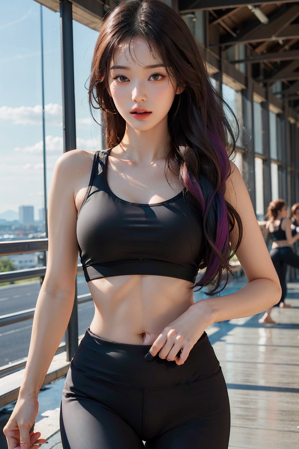 masterpiece, best quality, (photorealistic:1.4), highway, a photo of a beautiful woman, ((rainbow hair)), long hair with bangs,((black sports bra)), ((black yoga pants)), ,jwy1,waist shot,((slender body)), ((large_breast)), ((running))