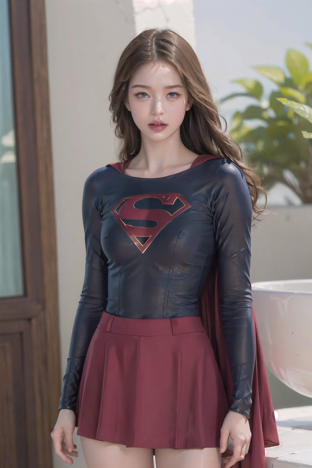 8k, best quality, real picture, intricate details, ultra-detailed, ultra highres, depth field,(photorealistic,realistic:1.2),masterpiece, supergirl, blue eyes, blonde hair, long hair, cape,((red skirt)), pantyhose, superhero,  solo, sun, blue sky,best quality, realistic, photorealistic, (intricate details:1.2), (delicate detailed), (cinematic light), clear line, sharp focus, realistic face, detailed face,unity 8k wallpaper, ultra high res, (photorealistic:1.4), looking at viewer ,((wet tight suit)),angry face,milokk