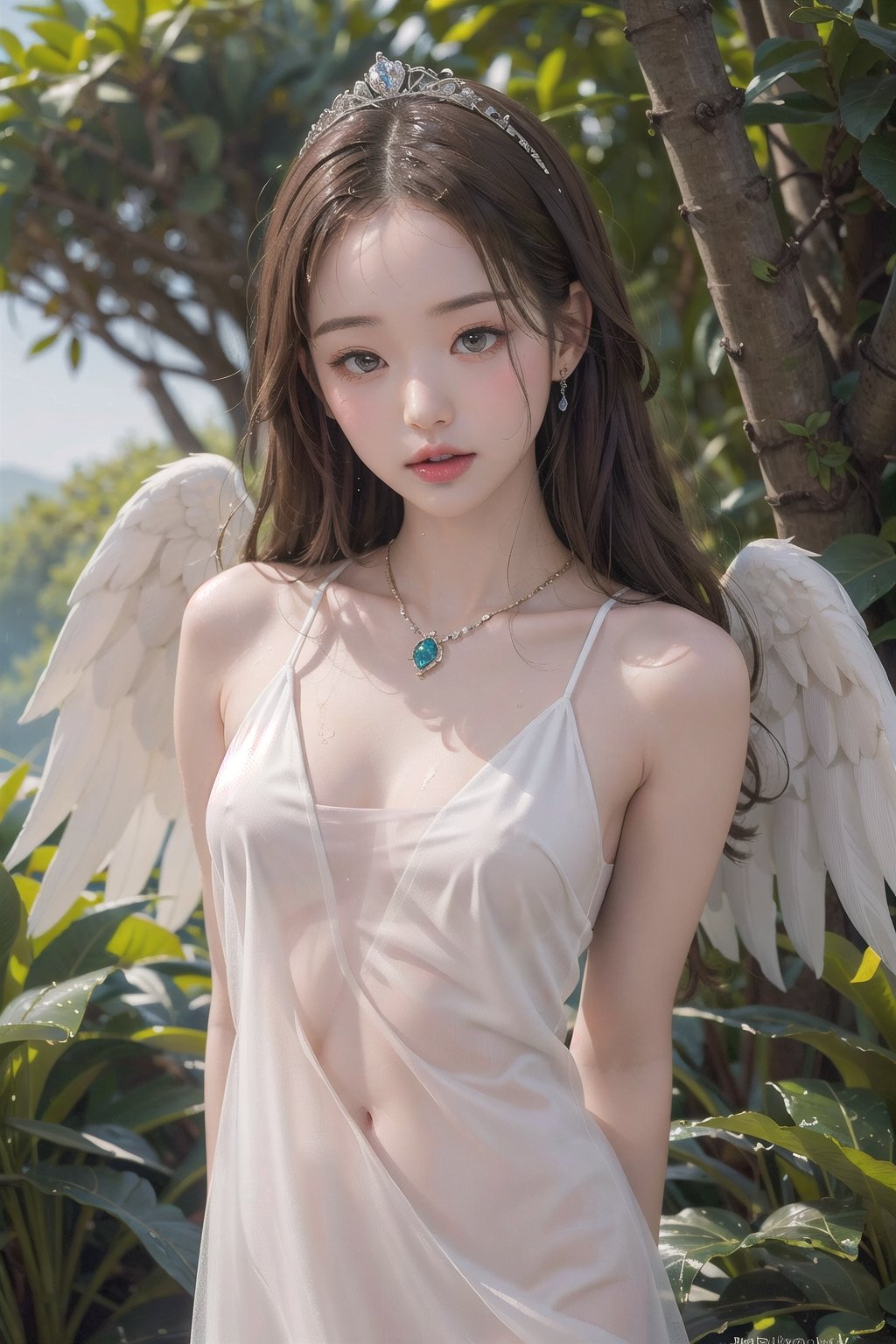 1girl, woman of the Renaissance,very bright light, pouting,jwy1,((see-through)),sleepy eyes,  ((hands behind back)),sumptuous jewel, tiara, wet, rainy forest, 30 yo,(angel_wings),CHIBI