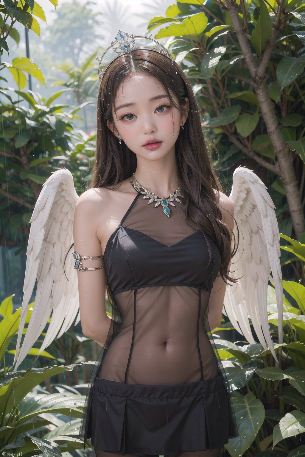 1girl, Egyptian goddess,very bright light, pouting,jwy1,((see-through)),sleepy eyes,  ((hands behind back)),sumptuous jewel, tiara, wet, rainy forest, 30 yo,(angel_wings),CHIBI