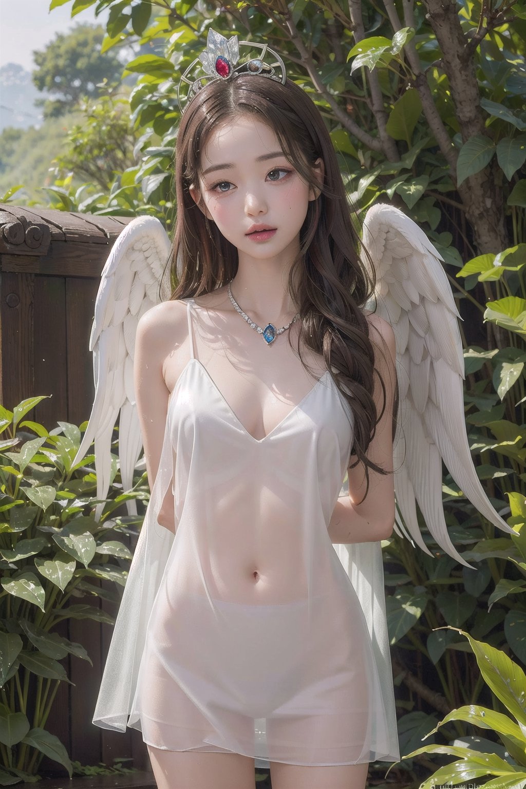 1girl, Egyptian goddess,very bright light, pouting,jwy1,((see-through)),sleepy eyes,  ((hands behind back)),sumptuous jewel, tiara, wet, rainy forest, 30 yo,(angel_wings),CHIBI
