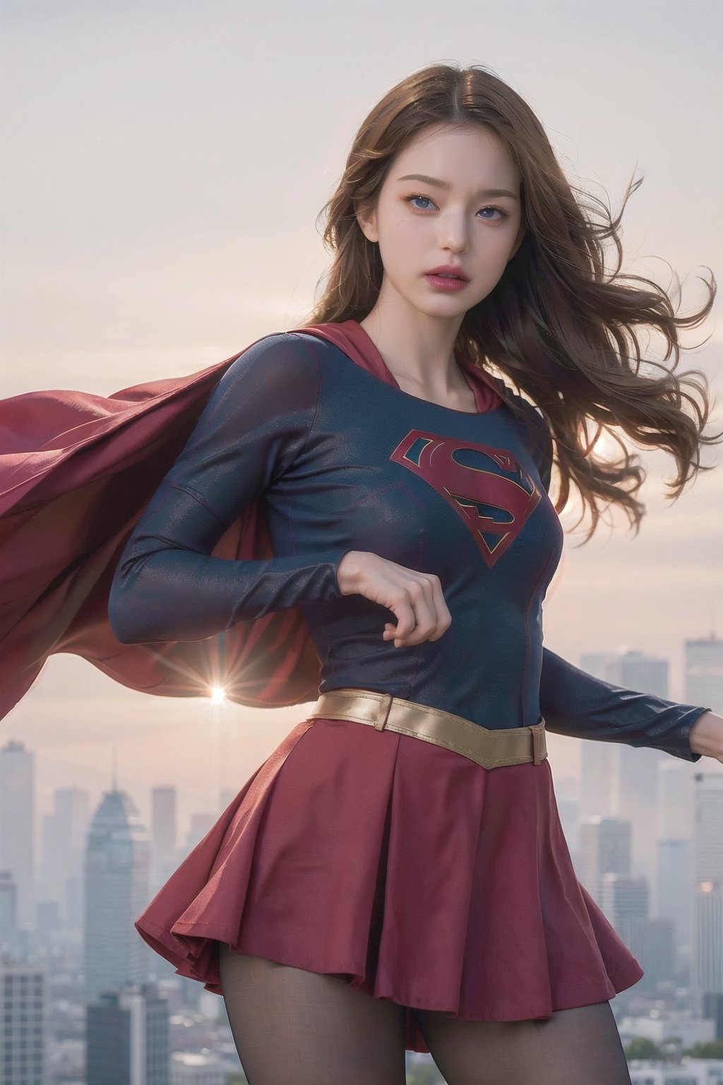 8k, best quality, real picture, intricate details, ultra-detailed, ultra highres, depth field,(photorealistic,realistic:1.2),masterpiece, supergirl, blue eyes, blonde hair, long hair, cape,(( red skirt)), pantyhose, superhero,  solo, sun, blue sky,best quality, realistic, photorealistic, (intricate details:1.2), (delicate detailed), (cinematic light), clear line, sharp focus, realistic face, detailed face,unity 8k wallpaper, ultra high res, (photorealistic:1.4), looking at viewer ,((tight suit)),angry face,((Fighting pose)),((fist))
