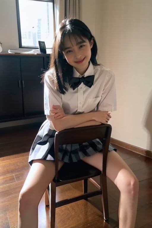 Best Quality, 8K, ultra-detailed, Masterpiece: 1.3), 1girl, solo, kawaii, pleated skirt, black skirt, smiling, looking at viewer, smile, long hair, park, bow tie, (black hair:1.3), halo, long white shirt, side updo hairstyle, colorful_girl_v2, , windlift, skirt, standing, underwear, panties, from below:1.3, sitface, 