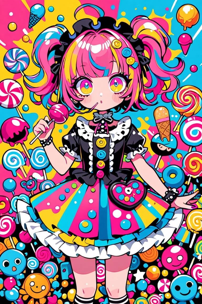 children's doodle style,
Colorful pop art, candy pop, lollipop punk, brightly colored berry beans, emo pink lolita girl,big Eyes,A dress made of jelly and ice cream,
 maximalism designemo,dal-6 style,Color Splash