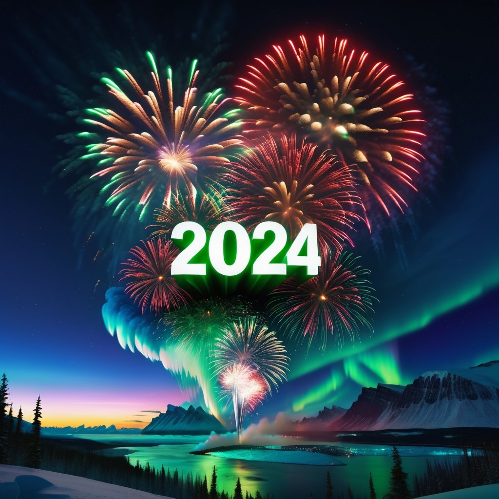 A fireworks with words in the clouds at night in the aurora borealis displaying "2024 STARTS NOW!", ((masterpiece)), perfection, perfect anatomy, hyper realistic, ultra realistic, 8K UHD, Absurdres, ultra res, absurdres, insaneres, HD,