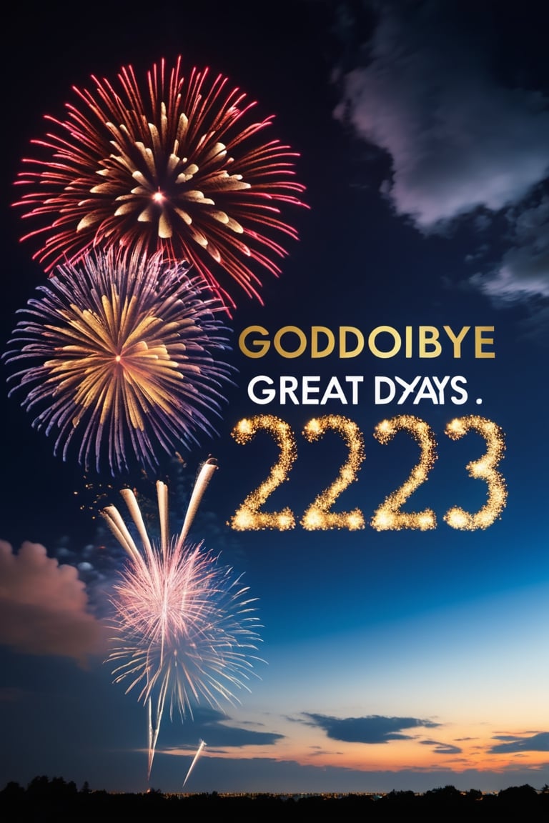 A fireworks with words in the clouds at night displaying " GOODBYE GREAT DAYS 2023!", masterpiece, perfection,