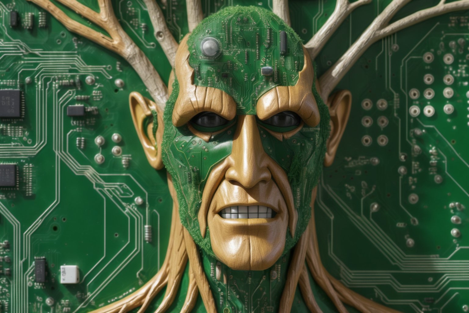 3l3ctronics, a hyper realistic macro close up shot (((a tree man merged into PCB traces))), capistors, transitors and resistors, forrest green PCB backdrop