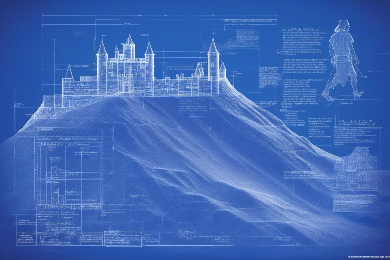 bl3uprint, a highly detailed 3D blueprint of a man walking down mountain with many hills and a castle on it, explaining how to build all parts, many txt, blueprint grid backdrop