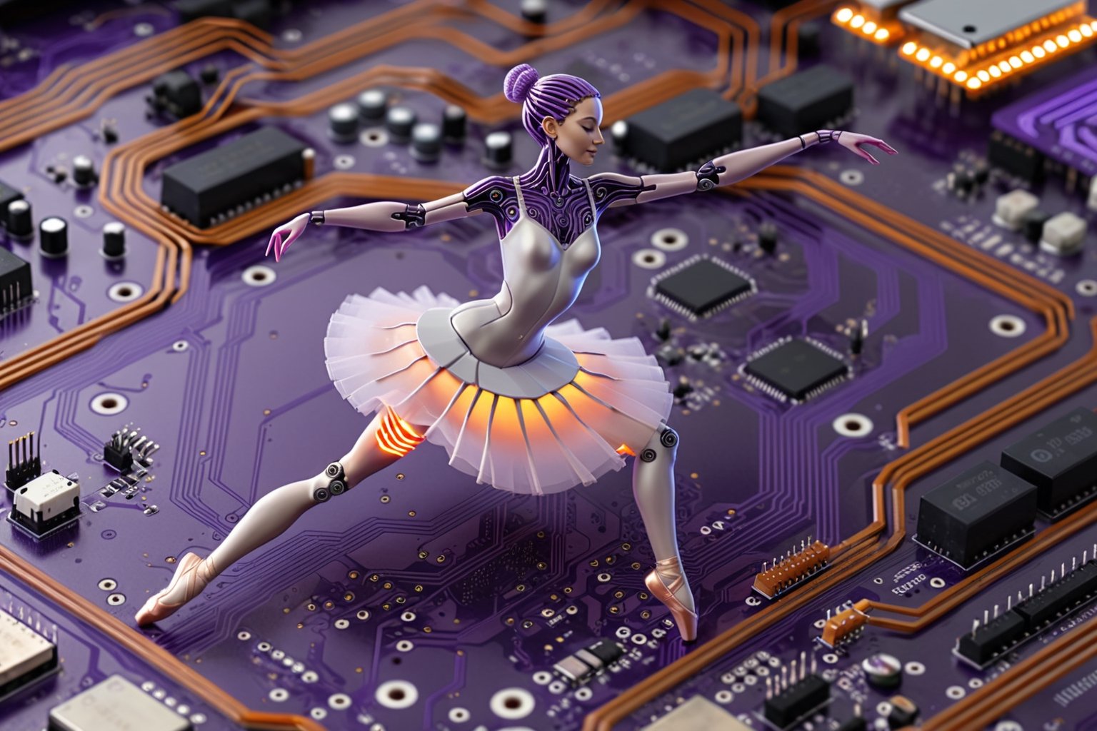 3l3ctronics, a hyper realistic long shot of (((a dancing ballerina cyborg merged into PCB traces))), capistors, transitors and resistors, bokeh purple and orange PCB backdrop