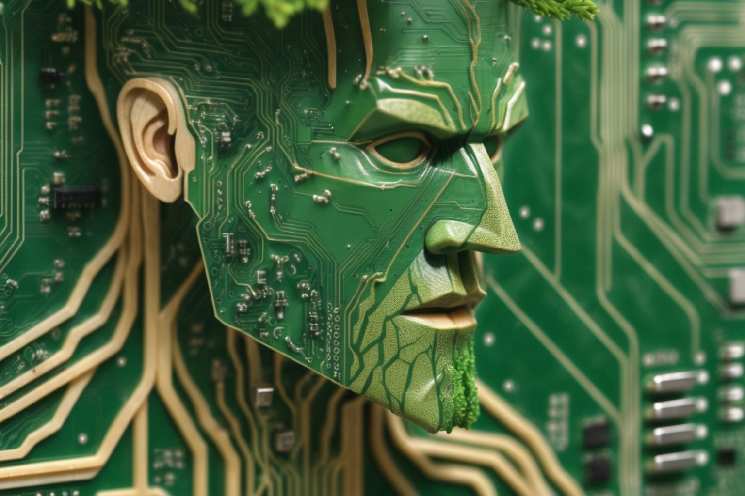 3l3ctronics, a hyper realistic macro close up shot (((a tree man merged into PCB traces))), capistors, transitors and resistors, forrest green PCB backdrop