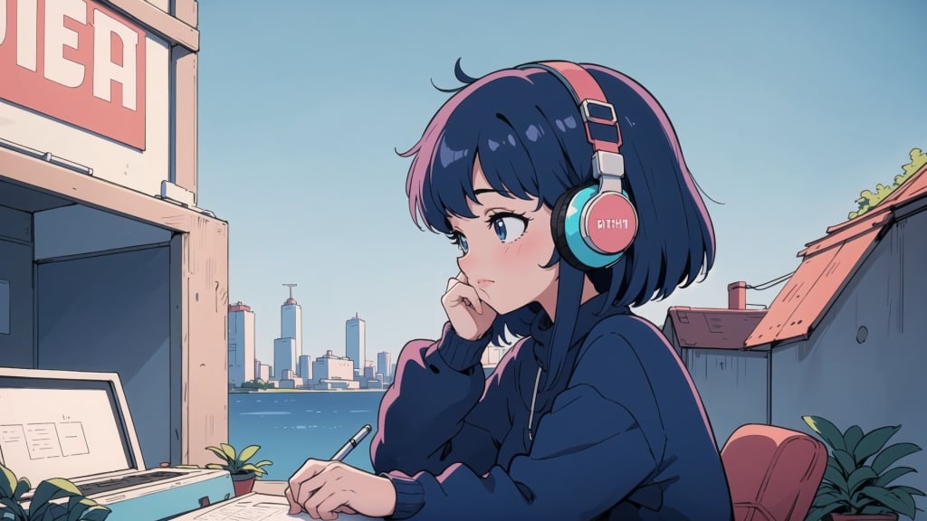 best quality,  extremely detailed, HD,  8k,  extremely intricate:1.3, nice hands, a girl, blue hair, headphone, cute, BiophyllTech,LOFI, five fingers,Lofi,Girl,Boy,Style,better_hands