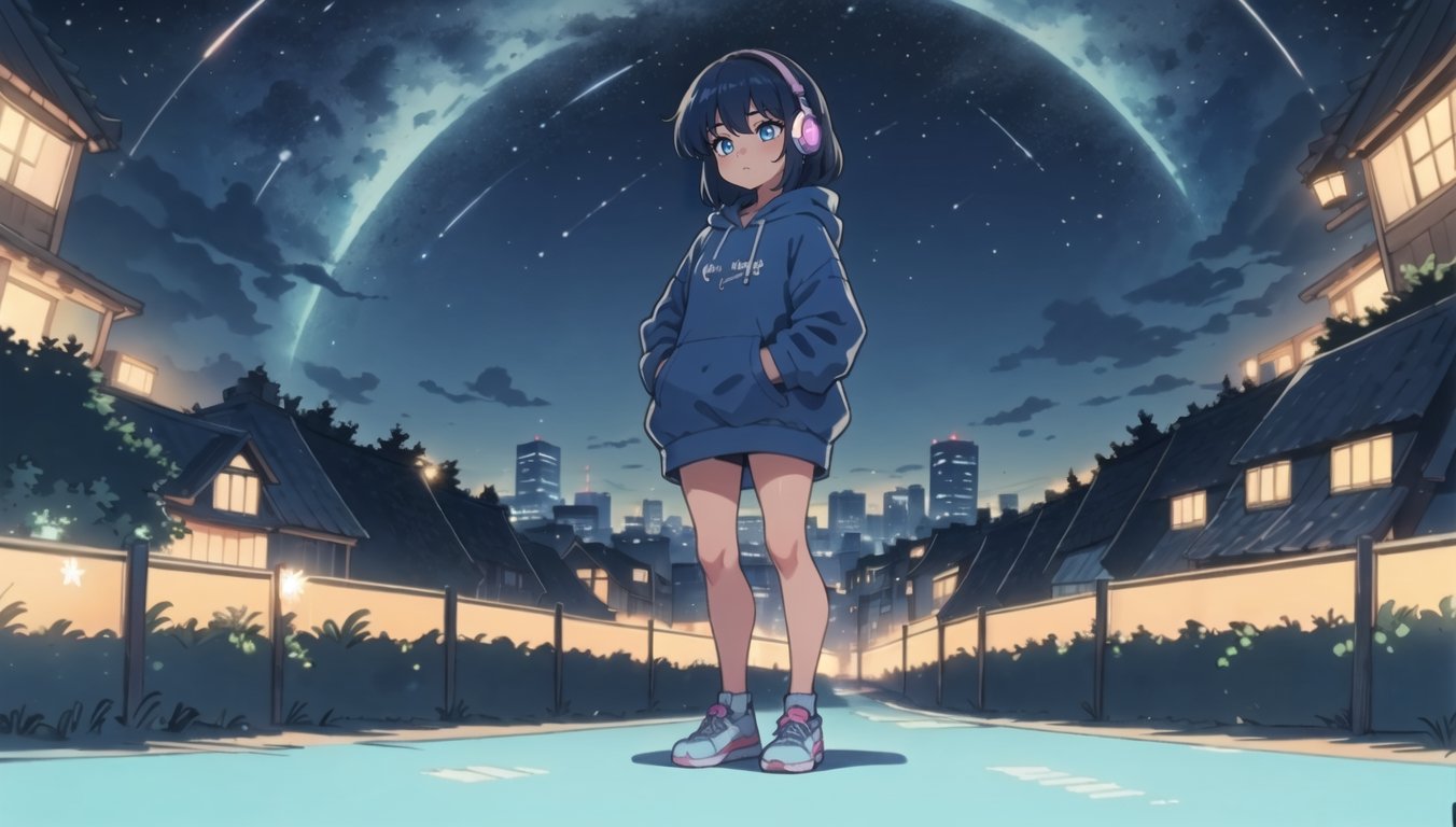 a girl with deep blue hair and blue eyes in a nighttime cityscape with a dreamy starry sky. She's wearing a dark blue hoodie, sporting headphones, evoking the relaxed and cozy atmosphere of the 'Lofi girl' vibe. Show the full body of the girl, standing, amidst city buildings and captivating night scenery. The sky should be adorned with twinkling stars, setting a serene and enchanting mood
BiophyllTech,LOFI, five fingers,Lofi,Girl,Style,better_hands,Airani,Lofi Them,Lofi Girl,blue eyes,shine eyes01