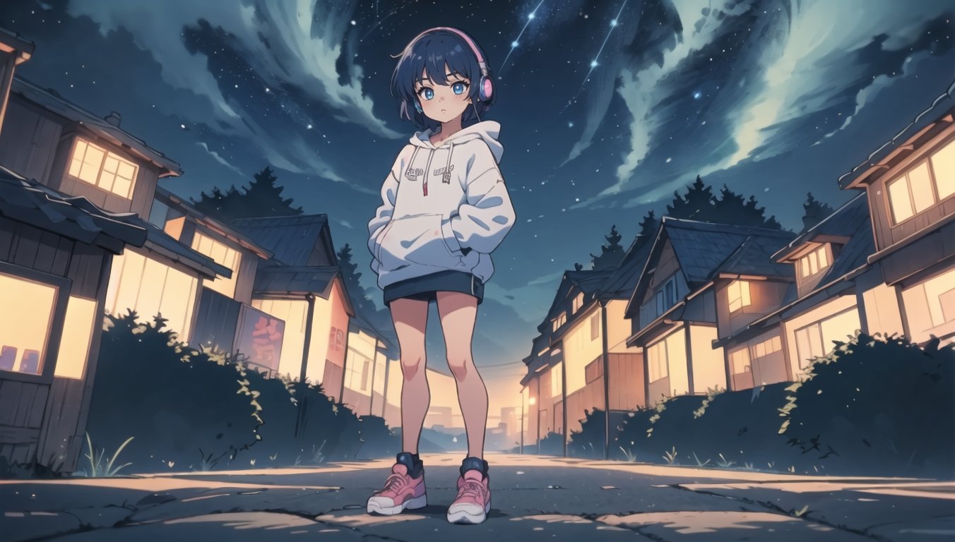 a girl with deep blue hair and blue eyes in a nighttime cityscape with a dreamy starry sky. She's wearing a dark blue hoodie, sporting headphones, evoking the relaxed and cozy atmosphere of the 'Lofi girl' vibe. Show the full body of the girl, standing, amidst city buildings and captivating night scenery. The sky should be adorned with twinkling stars, setting a serene and enchanting mood
BiophyllTech,LOFI, five fingers,Lofi,Girl,Style,better_hands,Airani,Lofi Them,Lofi Girl,blue eyes,shine eyes01