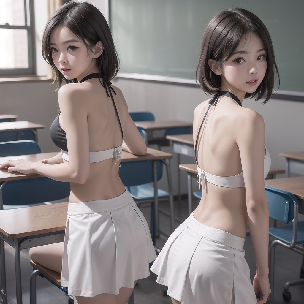 female wearing white backless halter croptop and microskirt in classroom 