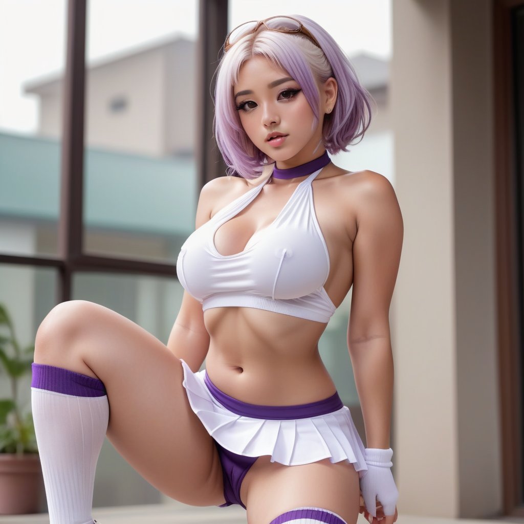 sole female, full body, white high socks, white backless halter croptop, large breast, no bra, breast transparent exposure, nipple, both hand behind head, white pleated microskirt, leg apart, white panty, camel toe, white high heels, sexy, sweaty, abs, purple hair, Squating