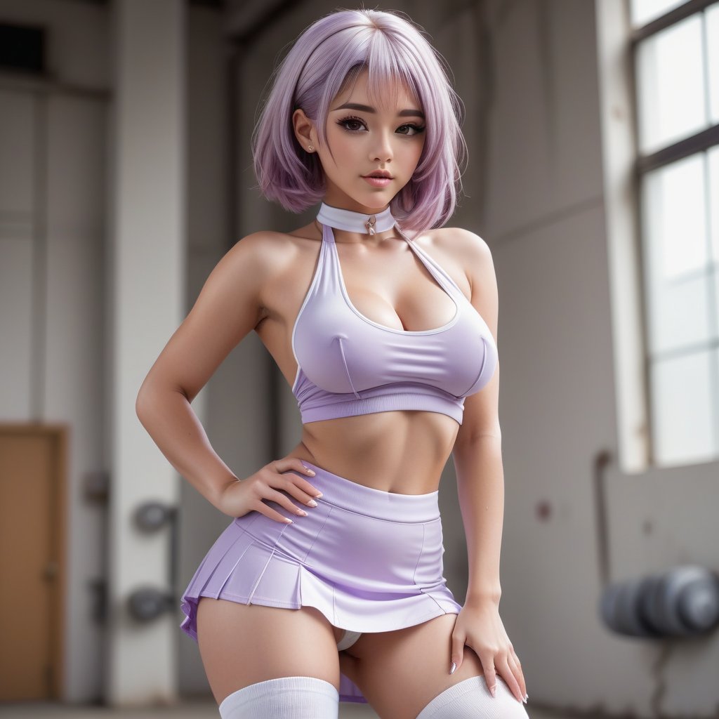 sole female, full body, white high socks, white backless halter croptop, large breast, no bra, breast transparent exposure, nipple, both hand behind head, white pleated microskirt, leg apart, white panty, camel toe, white high heels, sexy, sweaty, abs, purple hair,