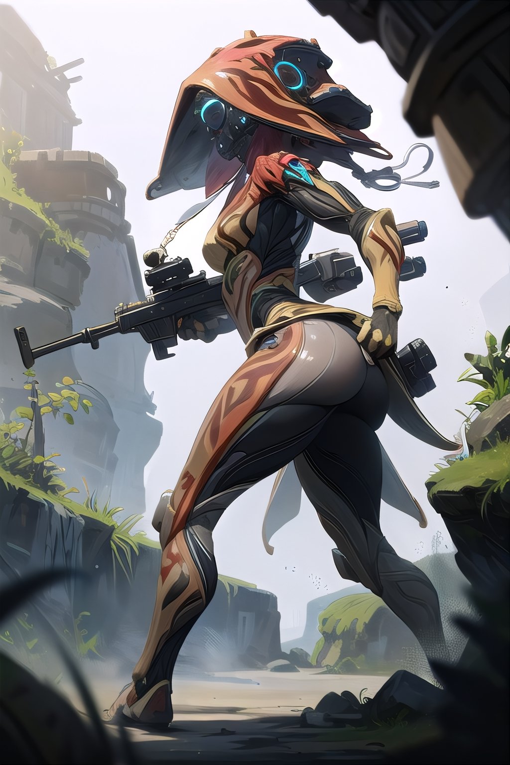 Ivara, solo, masterpiece, 1girl,stockings, in action attack via gun,  female_focus,future landscape