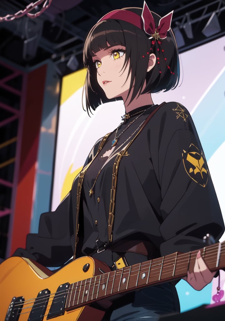 In a high-contrast, pixel-perfect composition, a stunning woman with short black hair and yellow eyes dominates the frame. She's dressed in black leather, sporting a chains-adorned jacket and torn skinny jeans. Her face is painted with dark eyeliner and lipstick, accentuating her fierce expression. A hairband and hair bow adorn her bob-cut hairstyle, featuring a hair ornament that catches the light. In the background, a blurry, vibrant-colored chaos creates a striking contrast to her sharp, exquisite features. The powerful female rock star exudes confidence as she holds a guitar, radiating an aura of Heavy Metal intensity.