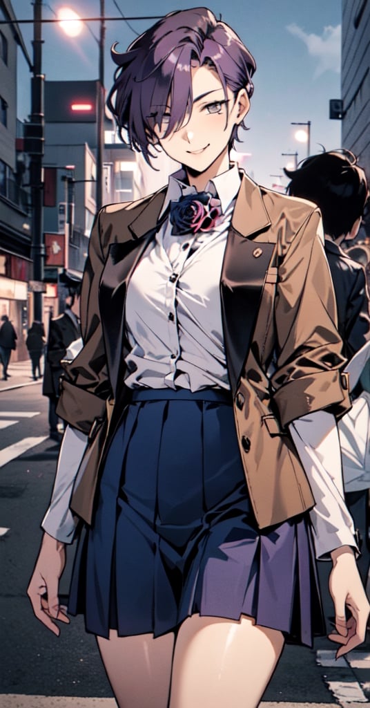 ((rose,rose_decoration)),female_solo,mature_female,medium_breasts,big_hips,full-thighs,narrow_waist,smile,haruka,short hair,purple_hair,bangs cover one eye,(brown_blazer:1.3),opend blazer,pleated_miniskirt,(darkblue_skirt:1.2),
white_shirt,black_stockings,(purple hair with Red Highlights),
standing,one-hand_on_hip,a bag on shoulder,

At the school gate,mature female,night,night street,
Exquisitely designed school uniforms,Tomboy