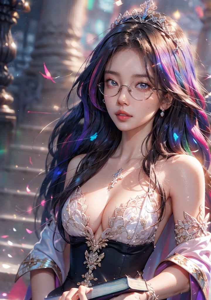 , 1 girl, freckles, visible skin pores, tiny_breasts, voloptuous, eyeglass, tiara crown, intricate dress, multicolored, robe, shoulder cape,book, petite, light orbs,insane details, neon purple, multicolored hair,High detailed ,girl, rune tattoo,1 girl, photorealistic, realistic,Sexy, textured,