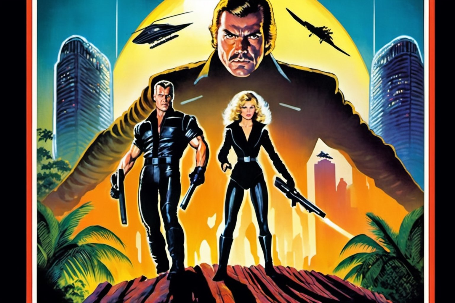 advertising poster for the fantastic action movie - "Planet of the Stranglers", a very muscular brother and sister, with weapons in their hands, black tight suits, blond hair, in the background the jungle and the architecture of East Asia, retro sci-fi style, 80s, adventures, , realistic, 4k, high resolution, bright lighting,Retro art