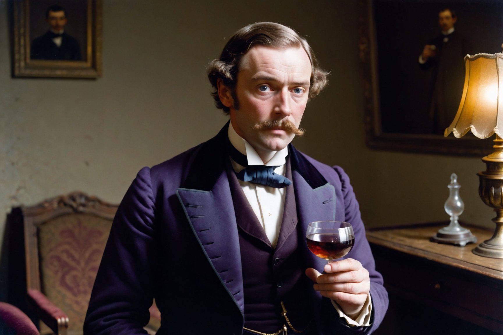 England, late 19th century, in a dark room, a respectable gentleman looks with surprise at the small glass violet in his hand