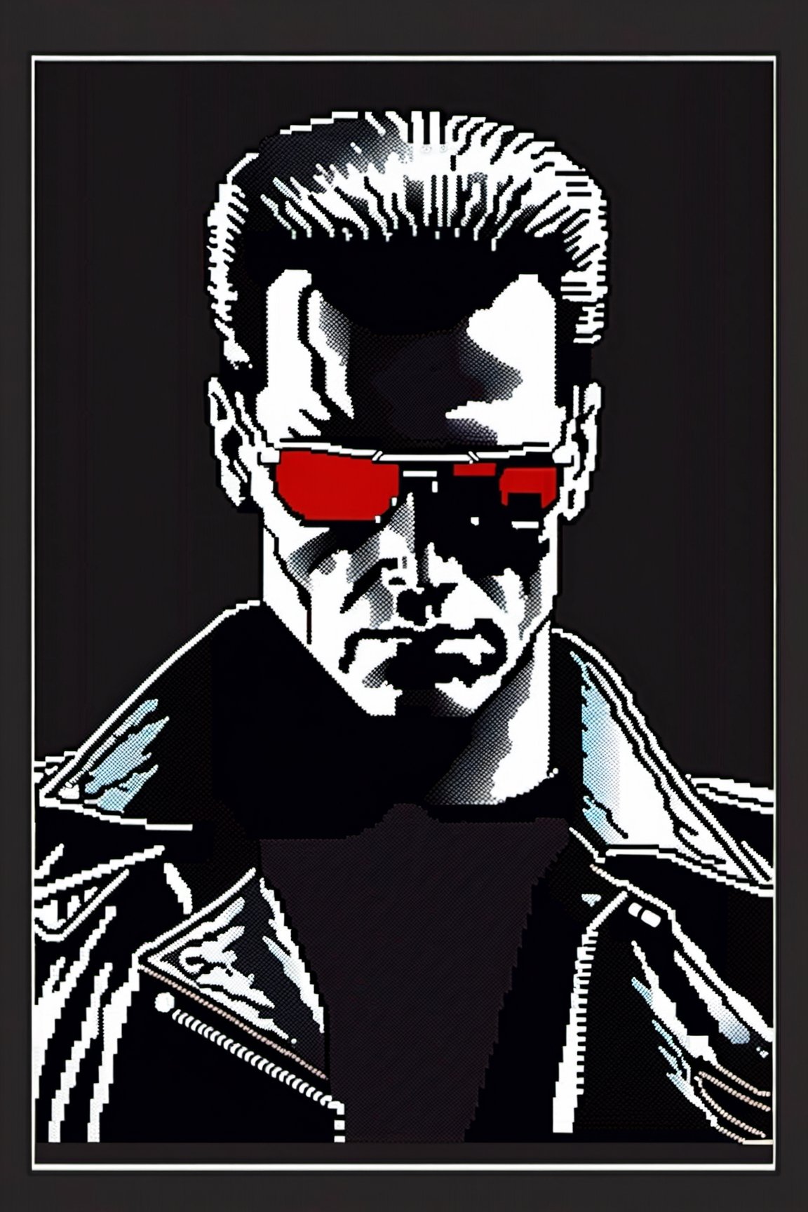 terminator 2 poster in zx spectrum pixel art, only 3 colors