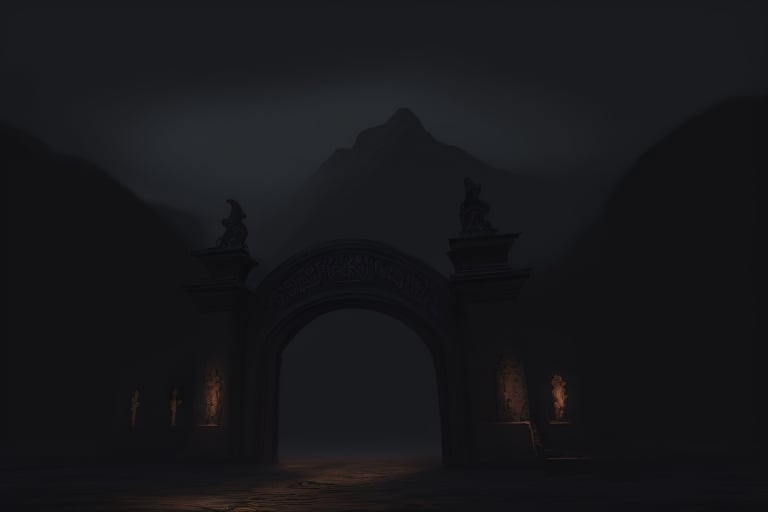 volumetric watercolor, giant city gates, in the mountains, gloomy, decorated with skulls, horror atmosphere, grotesque, general plan, realistic, 4k, high resolution, high detail, , dim lighting