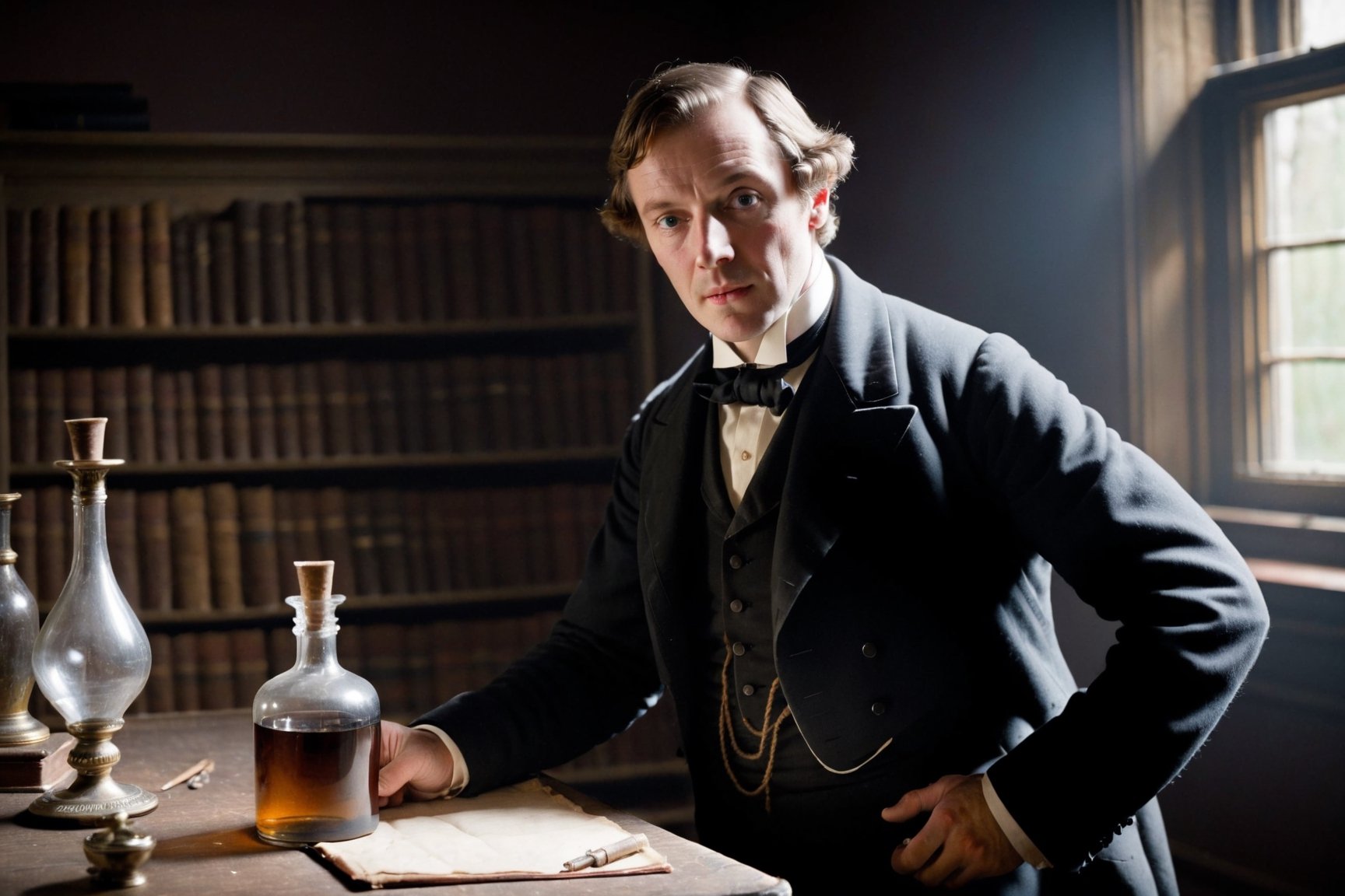 England, late 19th century, in a dark room, a respectable gentleman staying and looking with surprise at the empty small glass bottle in his hand