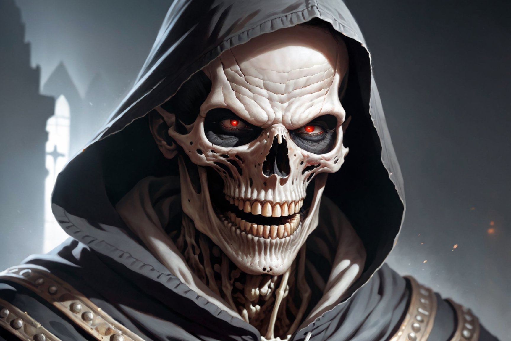 an unusually tall man, bones protruded through half-rotten flesh, his face was lead-gray. He was wrapped in a shroud with a hood, from under which he could see evil eyes sitting deep in his sockets; they sparkled and threw sparks like hot coals. The lower jaw dropped, revealing a wrinkled, shrunken tongue and two rows of black, chipped fangs.