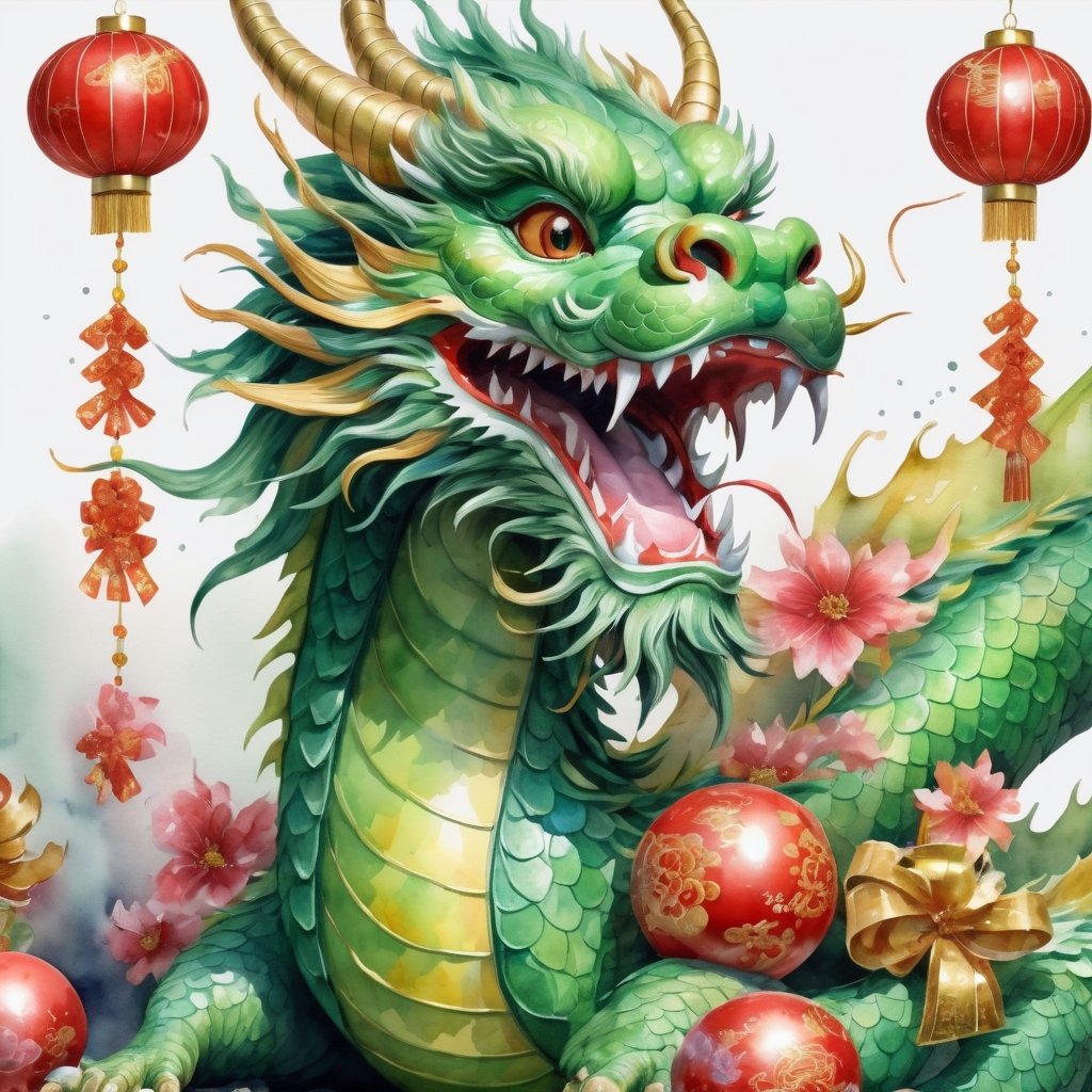 volumetric watercolor, green Chinese dragon decorated with New Year's toys, close up  realistic,  4k,  high resolution,  high detail,  ,  bright lighting
