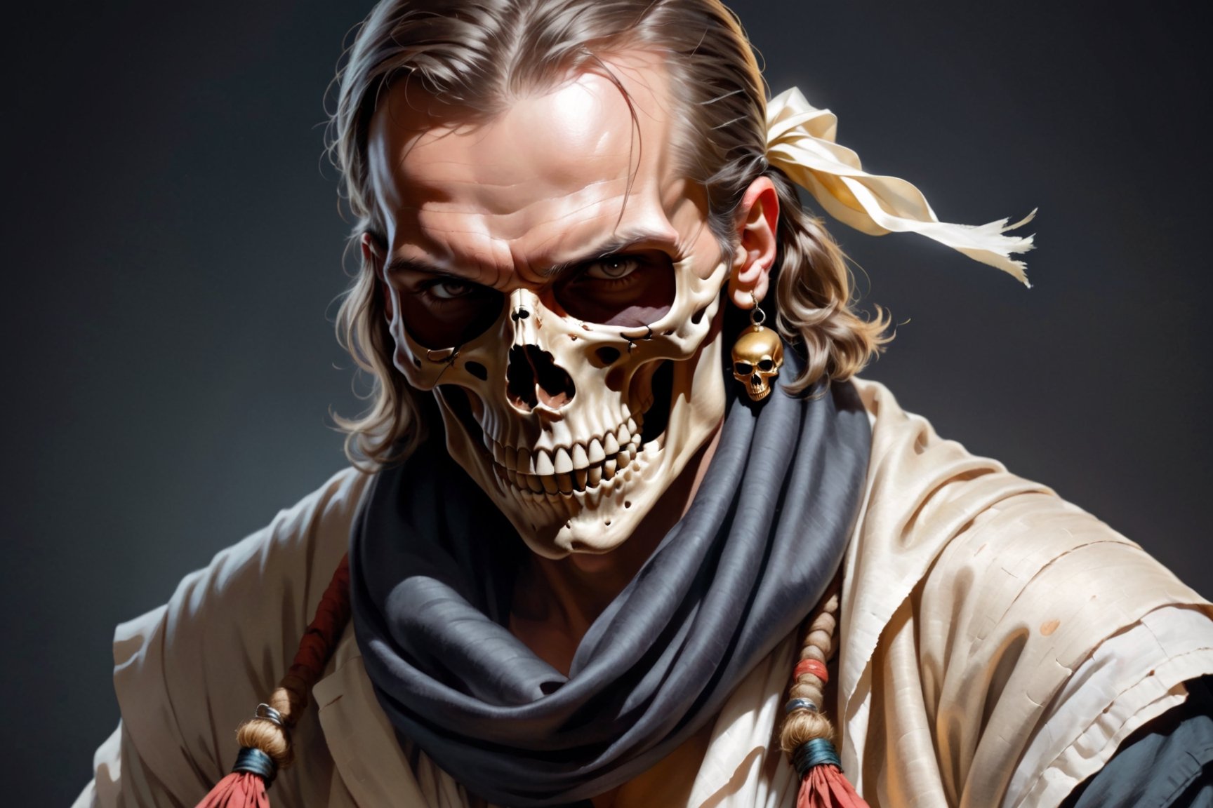 a dark background, a tanned, powerfully built pirat earrings  in his ears, and a silk scarf tied around his neck.  head drooped onto his chest, the skull is partially visible through the skin. In one hand he has a knife and in the other a sheet of parchment.