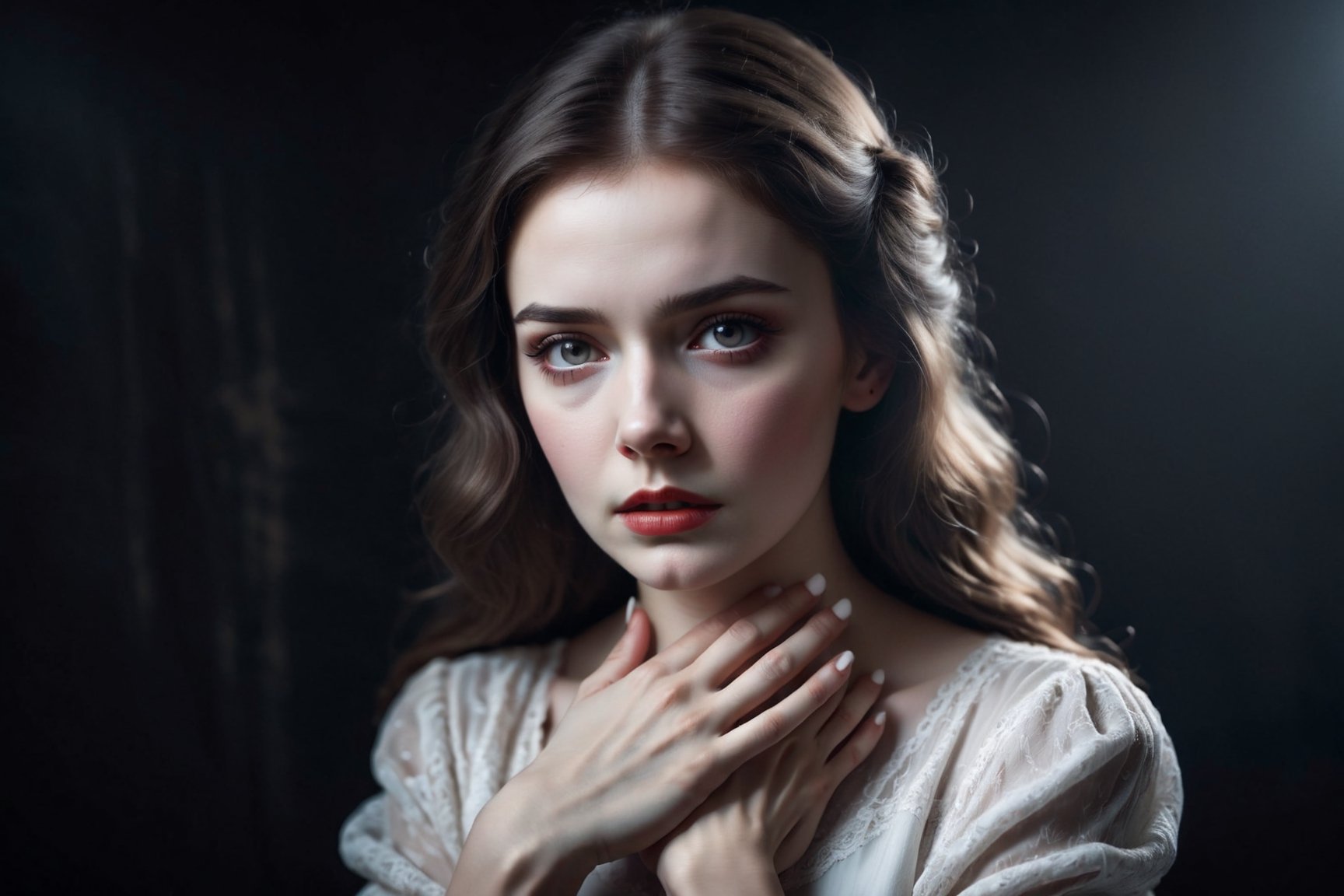 horror style, dark backgroun, figure in white This is a beautiful, young woman, dressed in the fashion of years gone by. She presses her hands to her chest, there are traces of passion and suffering on her pale, proud face. wondrous, inexpressibly sad eyes