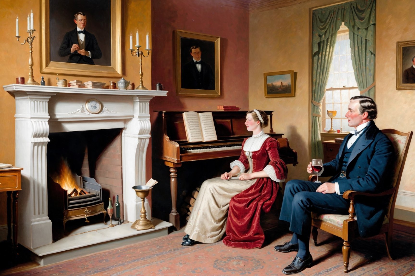 late 19th century, a respectable conservative gentleman sits in an armchair by the fireplace and drinks wine, his wife sits to the side and plays the spinet