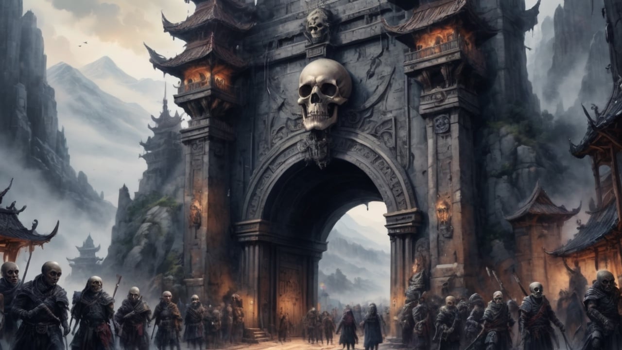 voluminous watercolor, giant city gates, in the mountains, gloomy, decorated with skulls, they are guarded by warriors, a crowd of strangely dressed people walk through the gates, horror atmosphere, grotesque, general plan, realistic, 4k, high resolution, high detail, , dim lighting