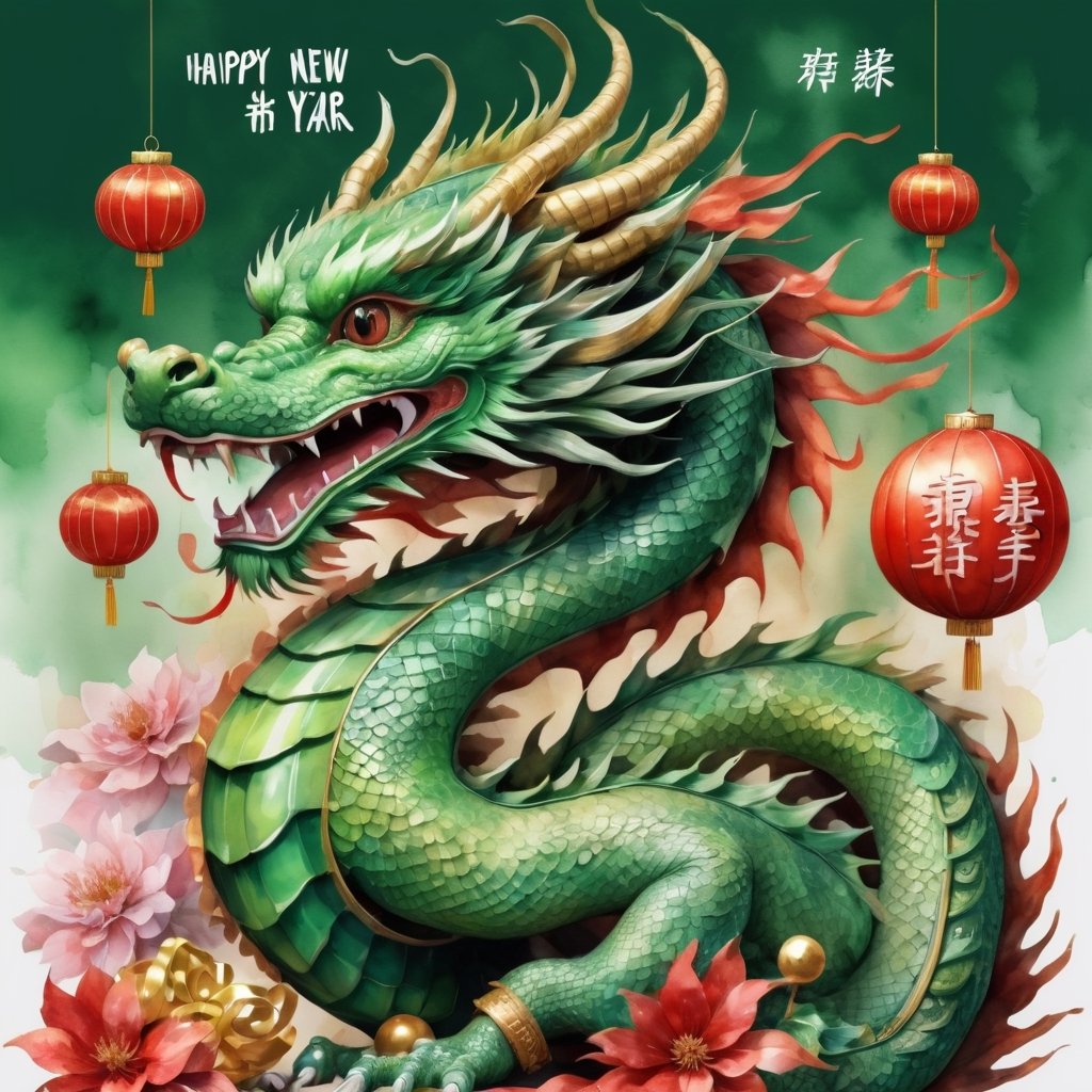 volumetric watercolor, green Chinese dragon decorated with New Year's toys, Happy New Year inscription with big letters, close up  realistic,  4k,  high resolution,  high detail,  ,  bright lighting
