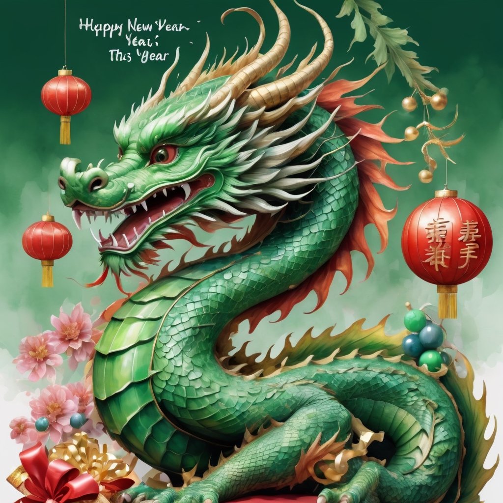 volumetric watercolor, green Chinese dragon decorated with New Year's toys, Happy New Year, very big english inscription in big letters, close up  realistic,  4k,  high resolution,  high detail,  ,  bright lighting
