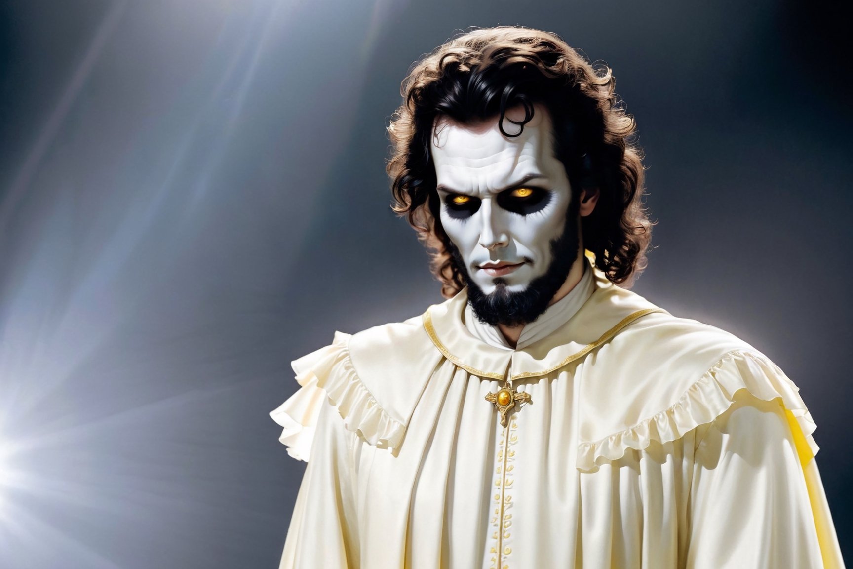 ghost as a tall man of noble bearing. His forehead was covered with deathly pallor, but it was surrounded by a halo of dark hair that hung in curls over his shoulders. The chin was hidden by a short wedge beard. The ghost was wearing loose, flowing clothing, apparently made of yellow satin, and a wide white frill covered his neck.