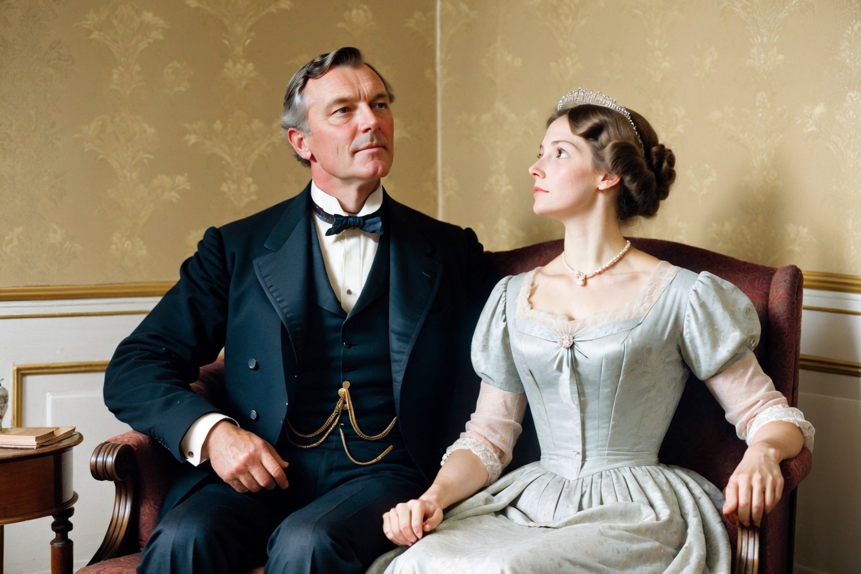 late 19th century, a respectable conservative gentleman sits in an armchair with his wife sits and looks up at the ceiling