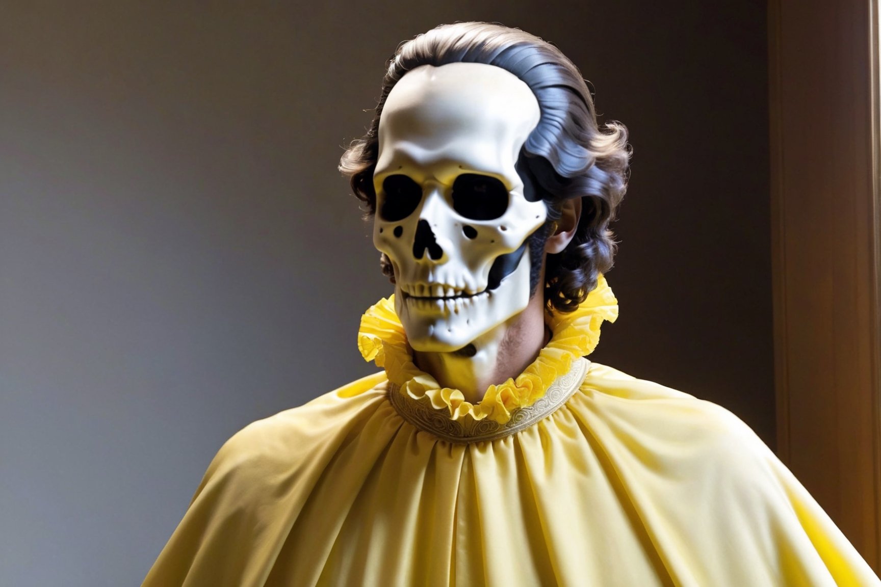 ghost as a tall man of noble bearing. His forehead was covered with deathly pallor, but it was surrounded by a halo of dark hair that hung in curls over his shoulders. The chin was hidden by a short wedge beard. The ghost was wearing loose, flowing clothing, apparently made of yellow satin, and a wide white frill covered his neck.