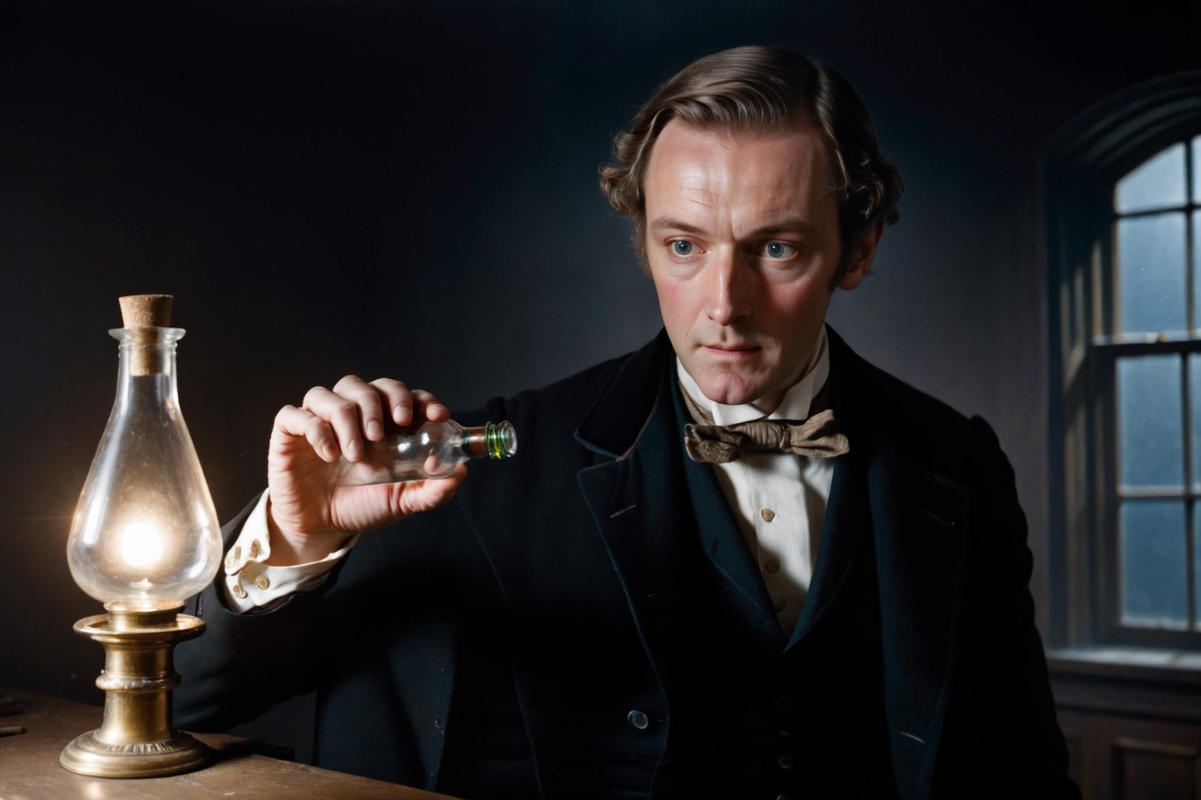 England, late 19th century, in a dark room, a respectable gentleman staying and looking with surprise at the empty very small glass bottle in his hand