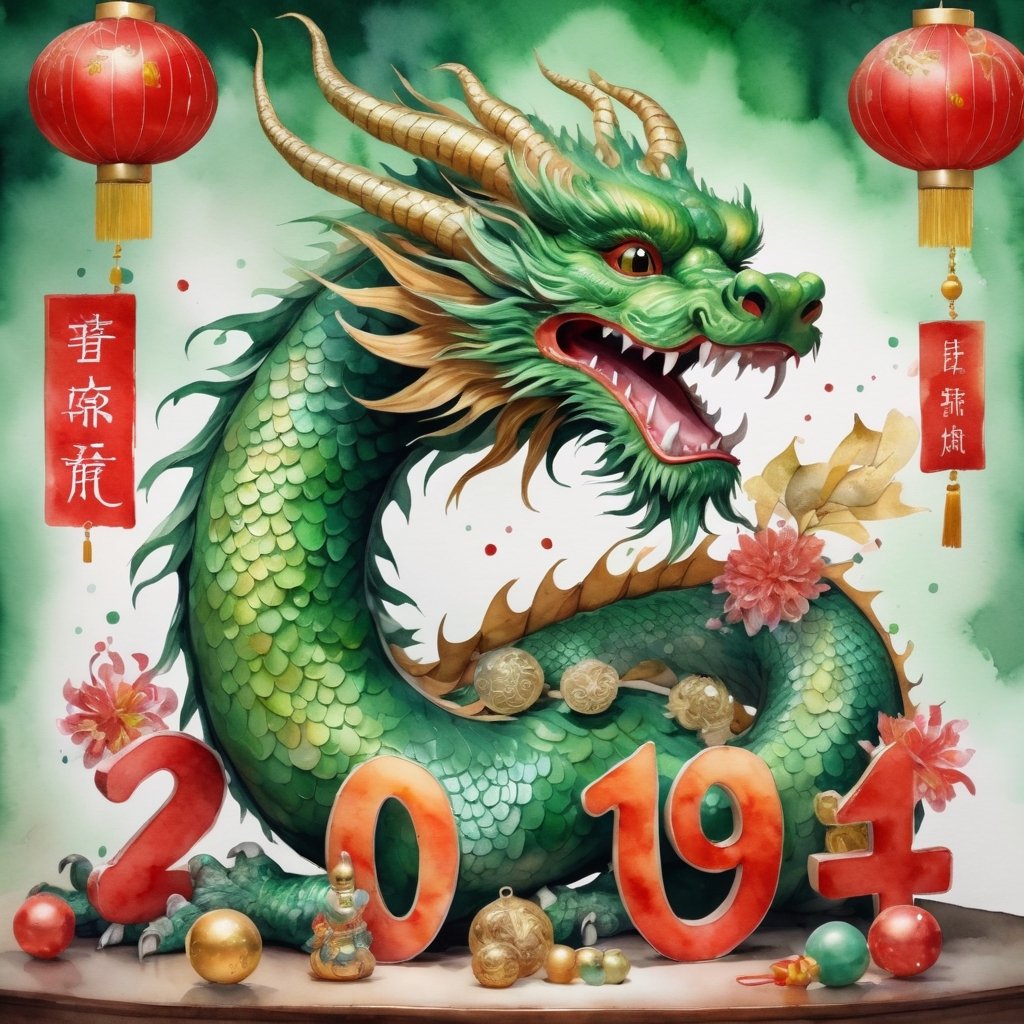 volumetric watercolor, green Chinese dragon decorated with New Year's toys, Happy New Year inscription with big letters, close up  realistic,  4k,  high resolution,  high detail,  ,  bright lighting
