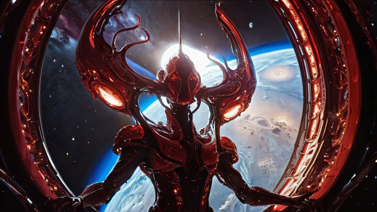 cinematic action, A gleaming red extraterrestrial, with four limbs and four arms, floats serenely in space beside a colossal starship. Tubes of varying lengths and thicknesses cover its scaly body like a futuristic exoskeleton. The alien-esque creature's eyes glow with an otherworldly intensity as it hovers near the massive spaceship gateway. A spacesuited figure, backlit by the starship's illumination, gazes at the alien in awe from a side view, their reflective visor a window to the vastness of space.,GHTEN