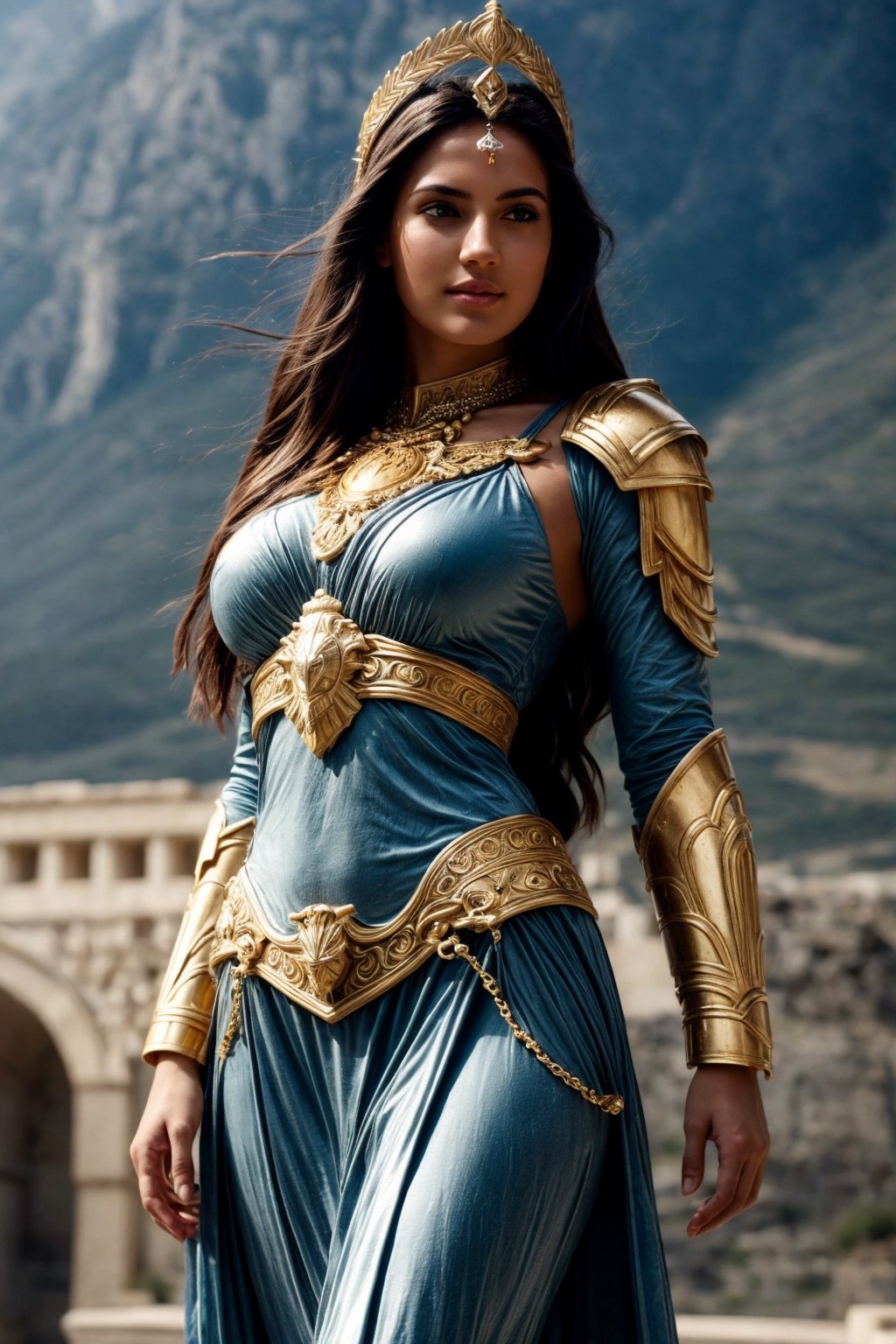 (ultra realistic, 32k, masterpiece:1.2), (realistic, rich skin textures:1.3), (uhd, dslr, high quality:1.1), nsfw, an enchanting photo of the Greek goddess Athena, seductive and alluring, casual smile, (slim, toned body), perfect anatomy, long flowing hair, majestic helm, wise eyes, olive branch, shield, golden armor, graceful robes, owl companion, marble statue, divine aura, moody, epic, gorgeous, award winning composition, outdoors, detailed background scenery, hyperdetailed, detailed skin, matte skin, perfect lighting, detailed skin texture, subsurface scattering, realistic, heavy shadow, rule of thirds, Intricate details, extremely high-resolution details, photographic, realism pushed to extreme, fine texture, incredibly lifelike, highly detailed skin with hairs, professionally photographed on a Fujifilm X-T3 mirrorless camera, 50mm, f/1.4, 1/100s