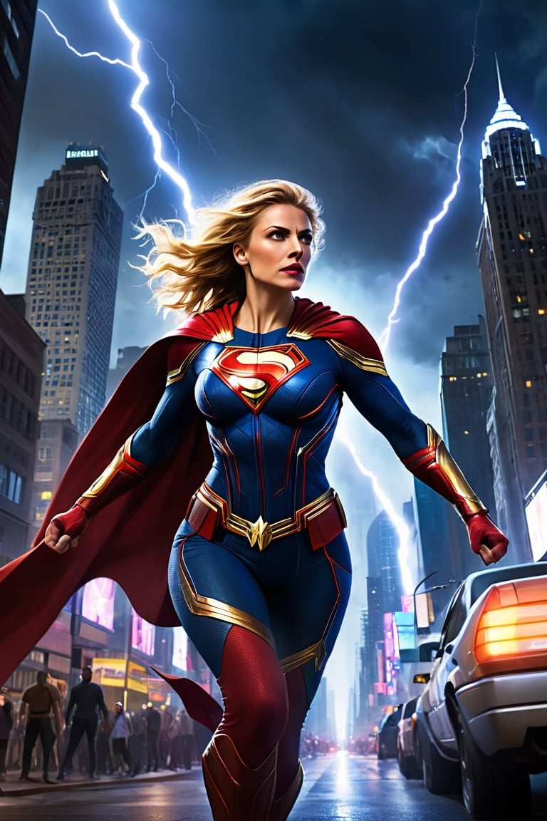 Amidst a cityscape of towering skyscrapers and neon-lit streets, chaos brews—a scene set for our formidable female superhero to emerge. With a flash of light and a rush of wind, she descends from the sky, a vision of power and valor. Her costume, a blend of sleek design and resilient armor, gleams under the city lights, a symbol of unwavering strength. She moves with an agile grace, each step a testament to her prowess. Her cape billows behind her, a flowing emblem of determination that dances with the rhythm of her movements. Eyes, bright and focused, scan the cityscape for signs of trouble. Her gaze holds a steely resolve, a reflection of her commitment to protect and defend. The city's cries for help echo in her ears, guiding her toward the heart of the turmoil. With lightning speed, she springs into action, a force to be reckoned with. Her abilities, honed through dedication and training, manifest in awe-inspiring displays of power. Whether it's superhuman strength, dazzling agility, or a mastery of elements, she wields her gifts with a sense of responsibility. In the heat of battle, she stands unwavering—a beacon of hope amidst the chaos, a guardian determined to shield the innocent from harm. Her actions are swift and decisive, calculated yet fueled by a deep-seated compassion for those in need. The city witnesses her bravery firsthand, as she faces adversaries with unwavering resolve, never faltering in her mission to defend the vulnerable and uphold justice. In this urban symphony of turmoil and heroism, she is not just a superhero; she's a symbol of courage, resilience, and unwavering determination—a protector whose valor inspires hope in the darkest of moments.