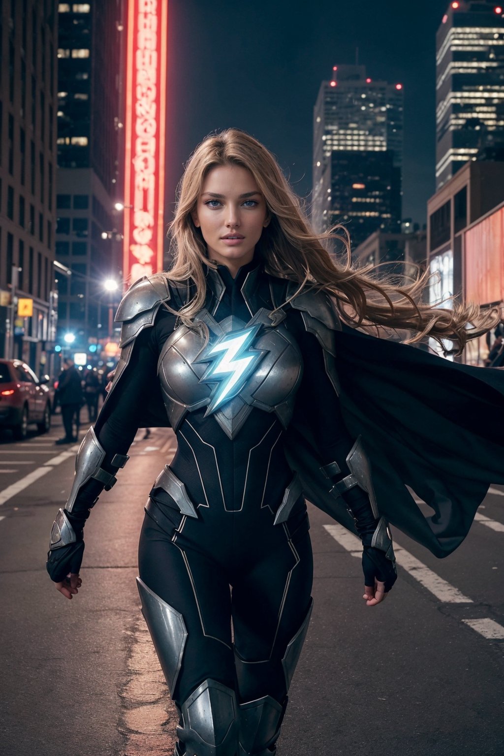 Amidst a cityscape of towering skyscrapers and neon-lit streets, chaos brews—a scene set for our formidable female superhero to emerge. With a flash of light and a rush of wind, she descends from the sky, a vision of power and valor. Her costume, a blend of sleek design and resilient armor, gleams under the city lights, a symbol of unwavering strength. She moves with an agile grace, each step a testament to her prowess. Her cape billows behind her, a flowing emblem of determination that dances with the rhythm of her movements. Eyes, bright and focused, scan the cityscape for signs of trouble. Her gaze holds a steely resolve, a reflection of her commitment to protect and defend. The city's cries for help echo in her ears, guiding her toward the heart of the turmoil. With lightning speed, she springs into action, a force to be reckoned with. Her abilities, honed through dedication and training, manifest in awe-inspiring displays of power. Whether it's superhuman strength, dazzling agility, or a mastery of elements, she wields her gifts with a sense of responsibility. In the heat of battle, she stands unwavering—a beacon of hope amidst the chaos, a guardian determined to shield the innocent from harm. Her actions are swift and decisive, calculated yet fueled by a deep-seated compassion for those in need. The city witnesses her bravery firsthand, as she faces adversaries with unwavering resolve, never faltering in her mission to defend the vulnerable and uphold justice. In this urban symphony of turmoil and heroism, she is not just a superhero; she's a symbol of courage, resilience, and unwavering determination—a protector whose valor inspires hope in the darkest of moments.,REALISTIC