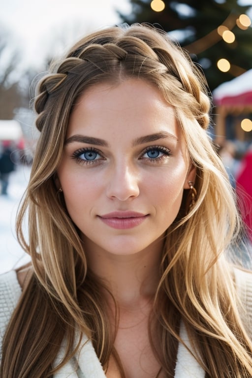 This epic raw photo captures the essence of a beautiful free-spirited 25-year-old woman having fun at a winter festival. Her mix of Scandinavian and Slavic heritage radiates from her features. Her dirty blonde hair is styled in a crown braid hairstyle. The photograph is an artistic nude masterpiece, captured with the highest quality, and it perfectly captures the woman's carefree and flirtatious personality. The photograph showcases her impeccably balanced proportions, which presents a vision of stunning natural beauty that is rare to find. The background scenery in the photograph is intriguing, and it serves as the perfect backdrop, which adds more depth and character to the photo. The photograph highlights the woman's features perfectly, and showcases natural lighting and vibrant colors that add more life to the photo. The photo has been taken by a professional photographer who has a keen eye for detail, and it boasts 8K UHD quality, which adds more clarity and sharpness to the photo. It has even earned awards for its exceptional composition, which is a testament to the photographer's skill and the woman's natural beauty. Overall, this photograph is an exceptional piece of art that captures the beauty of a woman and the world around her, making it a true masterpiece.,mj,cozy,photorealistic